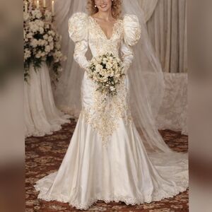 Demetrios Vintage 80s 90s Ivory Satin Sequin Long Sleeve Wedding Dress sz 12 NWT